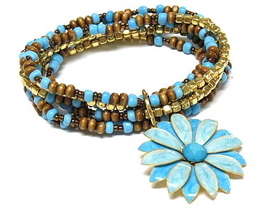 Epoxy flower charm multi wood beads stretch bracelet