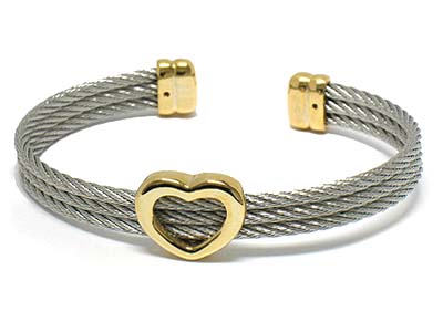 Metal triple line and heart deco bangle bracelet