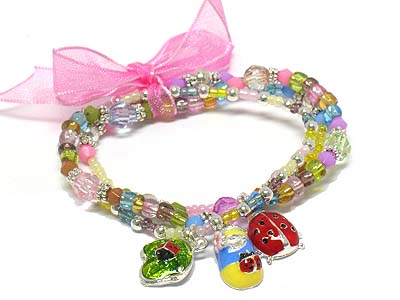 Triple seed bead strands with ladybug charms and ribbon kids bracelet