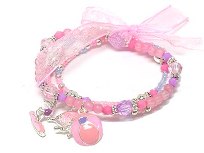 Triple seed bead strands with  beach charms and ribbon kids bracelet