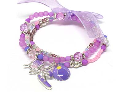 Triple seed bead strands with  beach charms and ribbon kids bracelet