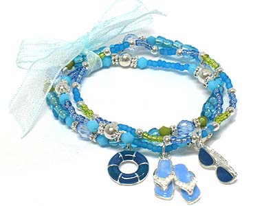 Triple seed bead strands with  beach charms and ribbon kids bracelet