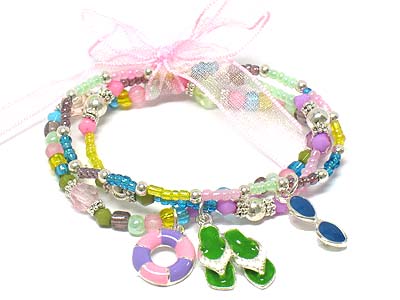 Triple seed bead strands with  beach charms and ribbon kids bracelet 