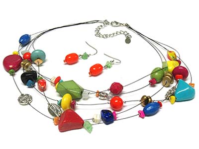 Colorful multi strands and material beads hamony necklace and earring set 