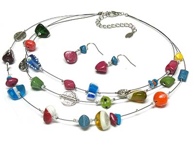 Colorful triple strands and material beads hamony necklace and earring set