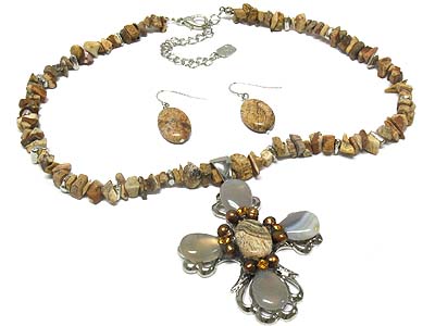 Semi precious and glass bead deco cross pendant agate strand necklace and earring set 