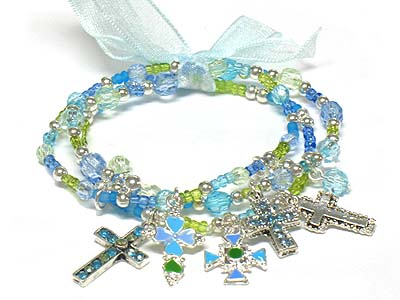 Triple seed bead strands with  beach charms and ribbon kids bracelet 