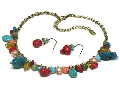 Antique style turquoise stone and glass bead charms necklace and earring set 