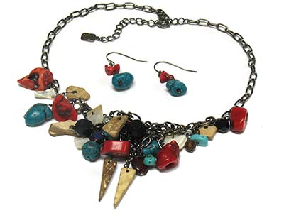 Turquoise stone and wood and acrylic charms center bunch necklace and earring set