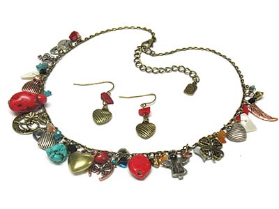 Antique style simple strand multi material necklace and earring set 