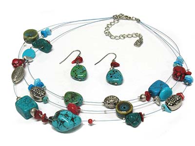 Triple strand turquoise stone and casting metal necklace and earring set 