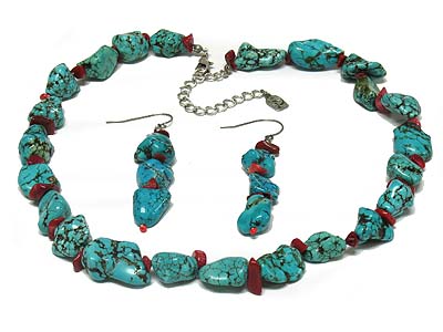 Turquoise and coral stone link necklace and earring set