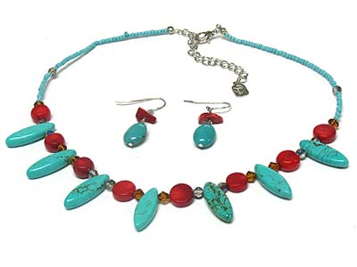 Oval turquoise stone and acryl bead link seed bead necklace and earring set