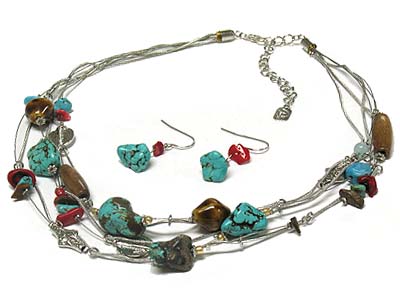 Multi mesh chain turquoise stone and agate necklace and earring set 