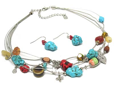 Multi mesh chain turquoise stone and agate necklace and earring set 