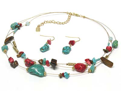 Triple strand turquoise and semi precious stone and casting metal necklace and earring set