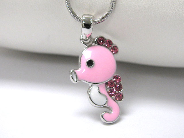 Made in korea whitegold plating crystal stud cute seahorse pendant necklace