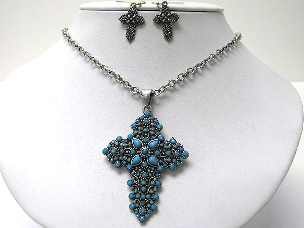 Turquoise color stone stud cross necklace earring set