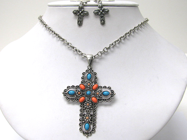 Metal art and stone accent cross necklace earring set