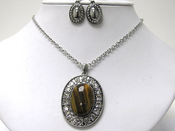 Crystal deco and large stone center oval necklace earring set