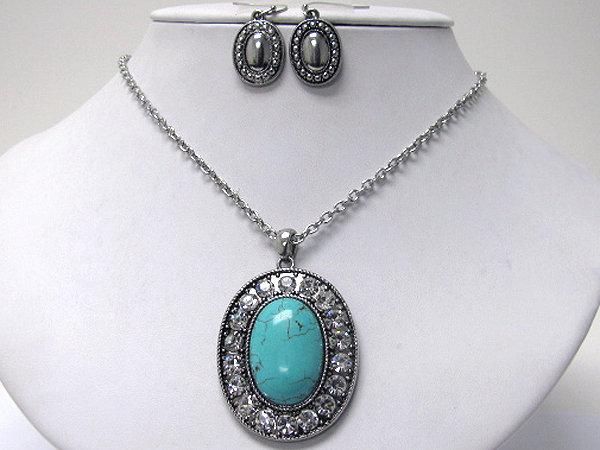 Crystal deco and large stone center oval necklace earring set