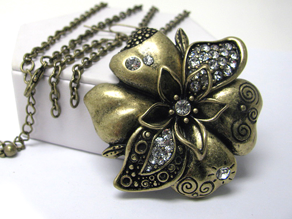 Crystal deco large metal art flower long necklace earring set