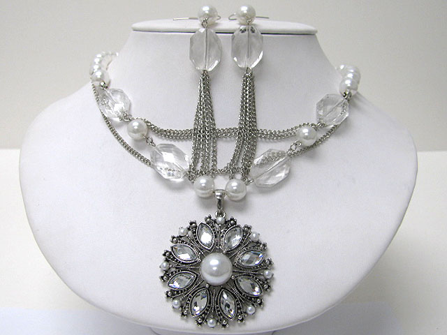 Pearl and glass deco round medallion necklace earring set