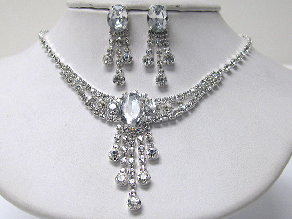 Large glass center and rhinestone drop necklace earring set