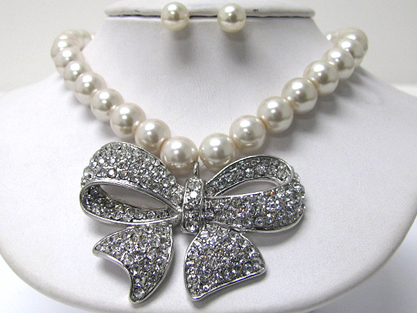 Large crystal stud ribbon and pearl chain necklace earring set