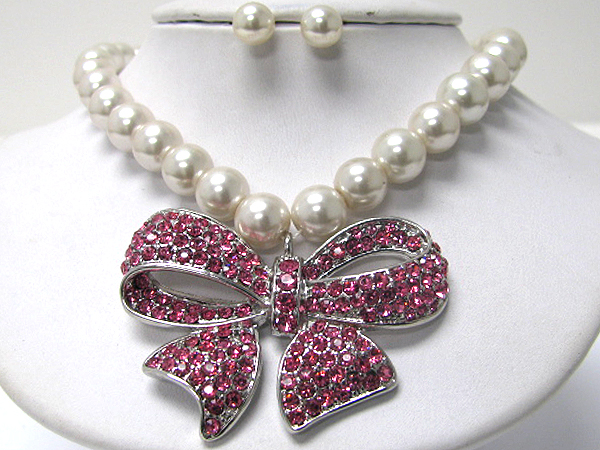 Large crystal stud ribbon and pearl chain necklace earring set