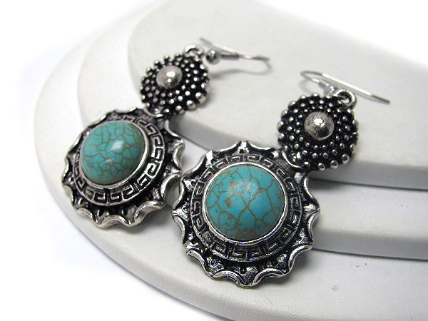 Round turquoise and antique silver earring