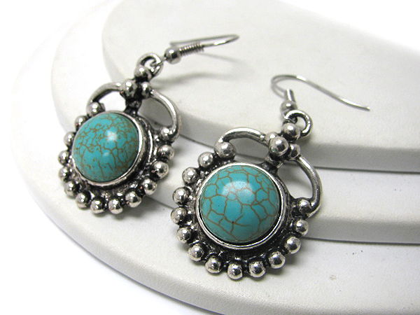 Round turquoise and antique silver earring