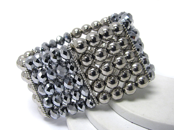 Five line metal and crstal ball link stretch bracelet