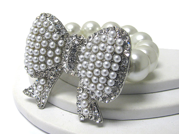 Pearl and crystal stud large ribbon stretch bracelet