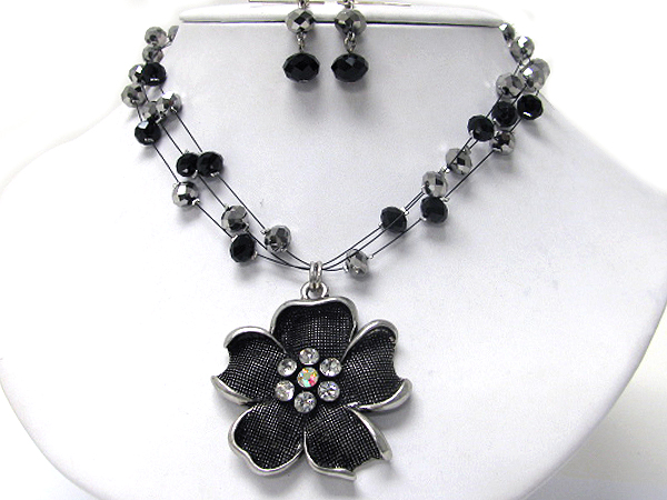 Crystal center metal flower and wired illusion necklace earring set