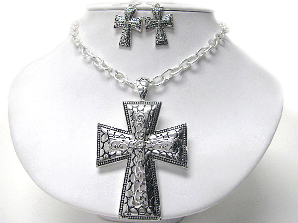 Designer style textured large metal cross necklace earring set