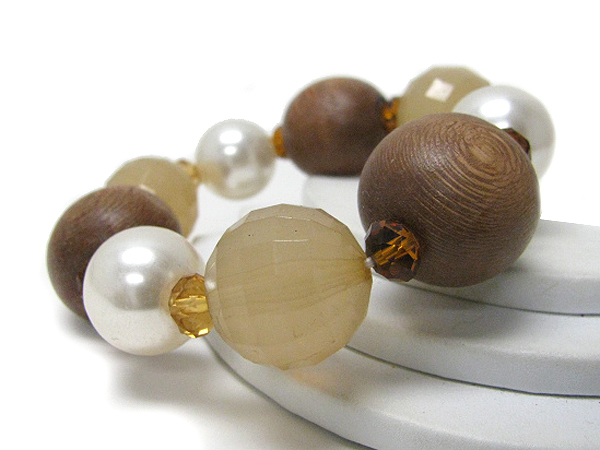 Wooden and acrylic ball link stretch bracelet