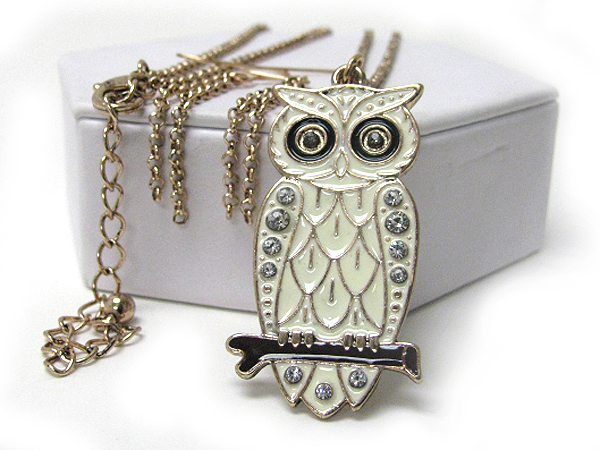 Crystal deco and epoxy owl pendant long necklace earring set