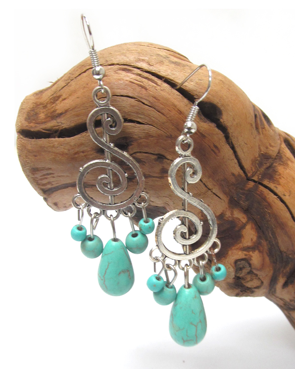 Vintage tibetan silver and turquoise musical note earrings  