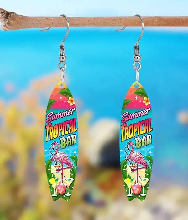 Tropical theme acrylic surfboard earring - flamingo