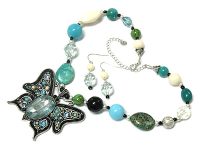 Natural stone beads strand and crystal and beads butterfly necklace and earring set