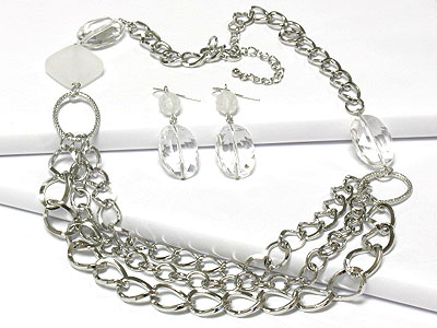 Triple chain lucite clear ice and metal link necklace and earring set - nude fashion trend