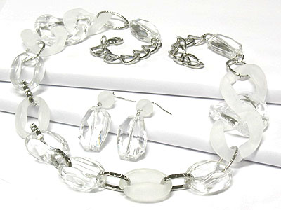 Lucite clear ice beads and metal link necklace and earring set - nude fashion trend