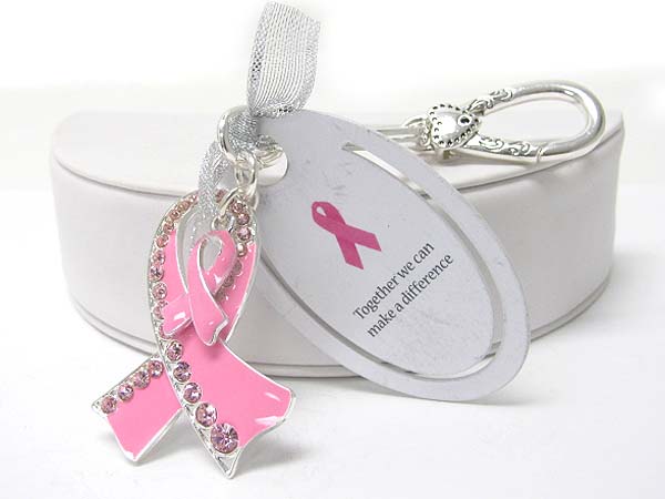 Crystal and enamel pink ribbon key chain charm - breast cancer awareness