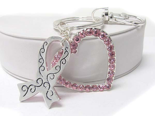 Crystal pink ribbon and heart key chain charm - breast cancer awareness