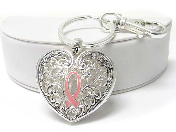 Pink ribbon and filigree heart key chain charm - breast cancer awareness