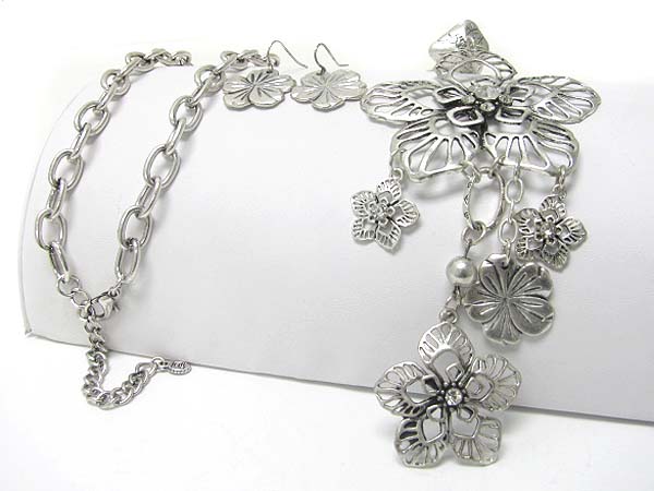 Crystal stud filigree metal flowers dangle long necklace earring set