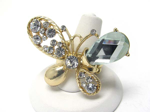 Crystal and facet glass deco butterfly stretch ring