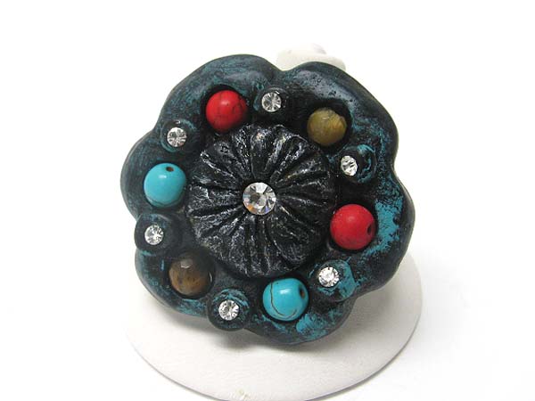 Turquoise and natural stone deco flower stretch ring