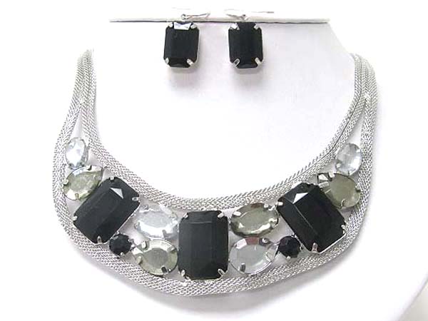 Big eye facet glass stone and dual metal tube chain necklace earring set??